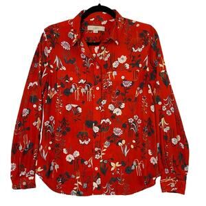 Ann Taylor Loft Red Floral Button Up Long Roll Tab Sleeves Blouse Top Size Small